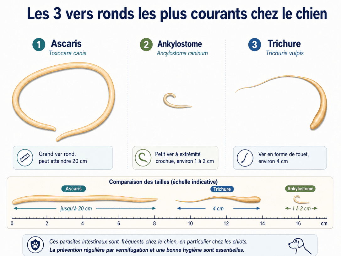 Schéma des vers plats les plus courants chez les chiens.